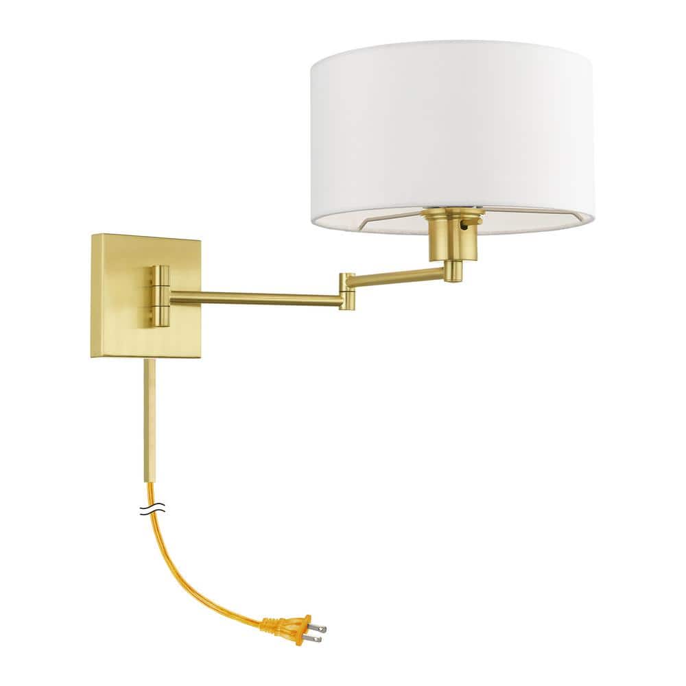 Satin Brass Swing Arm Wall Lamp with Off-White Shade