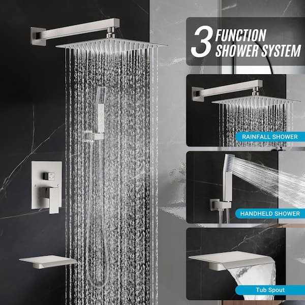 3-Spray Patterns with 2.5 GPM 12 in. Showerhead Wall Mounted Dual Shower Heads with Valve in Brushed Nickel