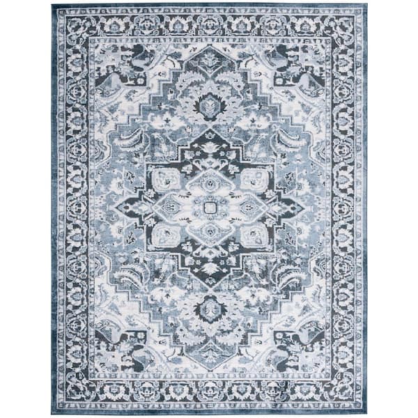 Rosewood 9 ft. x 12 ft. Ivory/Blue Ornate Medallion Border Area Rug