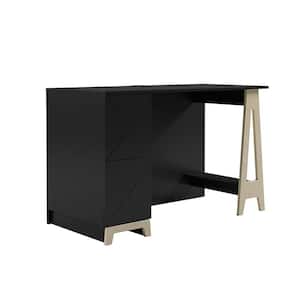 Atypik 48 in. Rectangular Black and Plywood Wood 2-Drawer Computer Desk with Cable Management