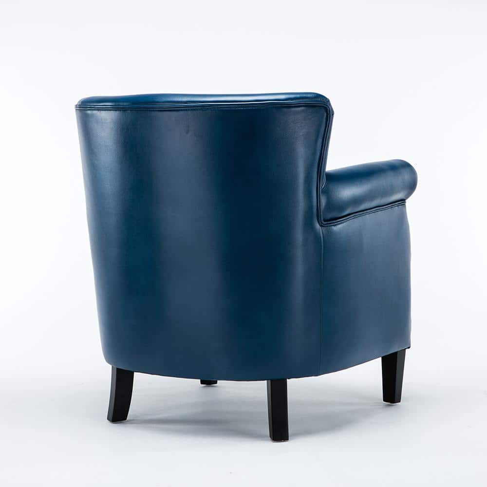 Navy Blue Leather Accent Chair with Wood Legs