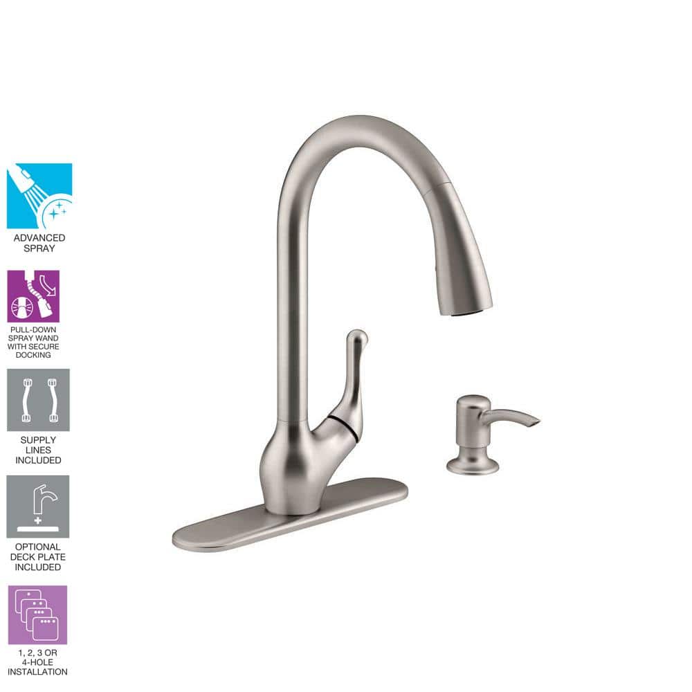 Vibrant Stainless Steel Pull-Down Kitchen Faucet with Soap Dispenser