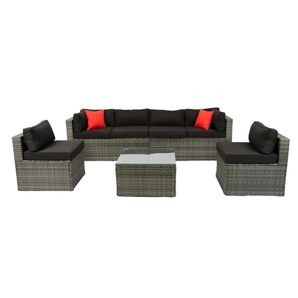 Unbranded 5-Piece PE Wicker Outdoor Sectional U Shape Sofa Set with 2 Pillows and Black Soft Cushion for Garden Backyard