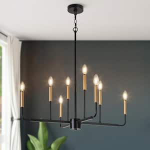 Modern 8-Light Black Candlestick Hardwired Chandelier with Rose Gold Candle Sleeves and No Bulbs Included
