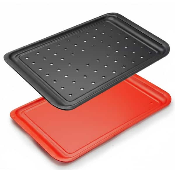 Black Red Melamine Kitchen Tray Set with Stackable Prep and Serving Features for BBQ Marinating and Plating, 2Pcs