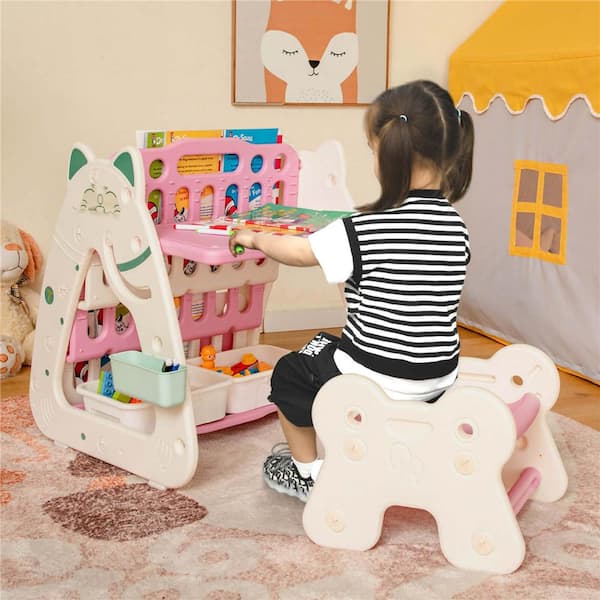 2-Piece Rectangle Plastic Top Pink Bar Table Set 3-in-1 Kids Art Easel