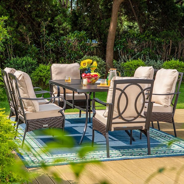 PHI VILLA 7-Piece Metal Patio Outdoor Dining Set with Black Rectangle Table and Chairs with Beige Cushions