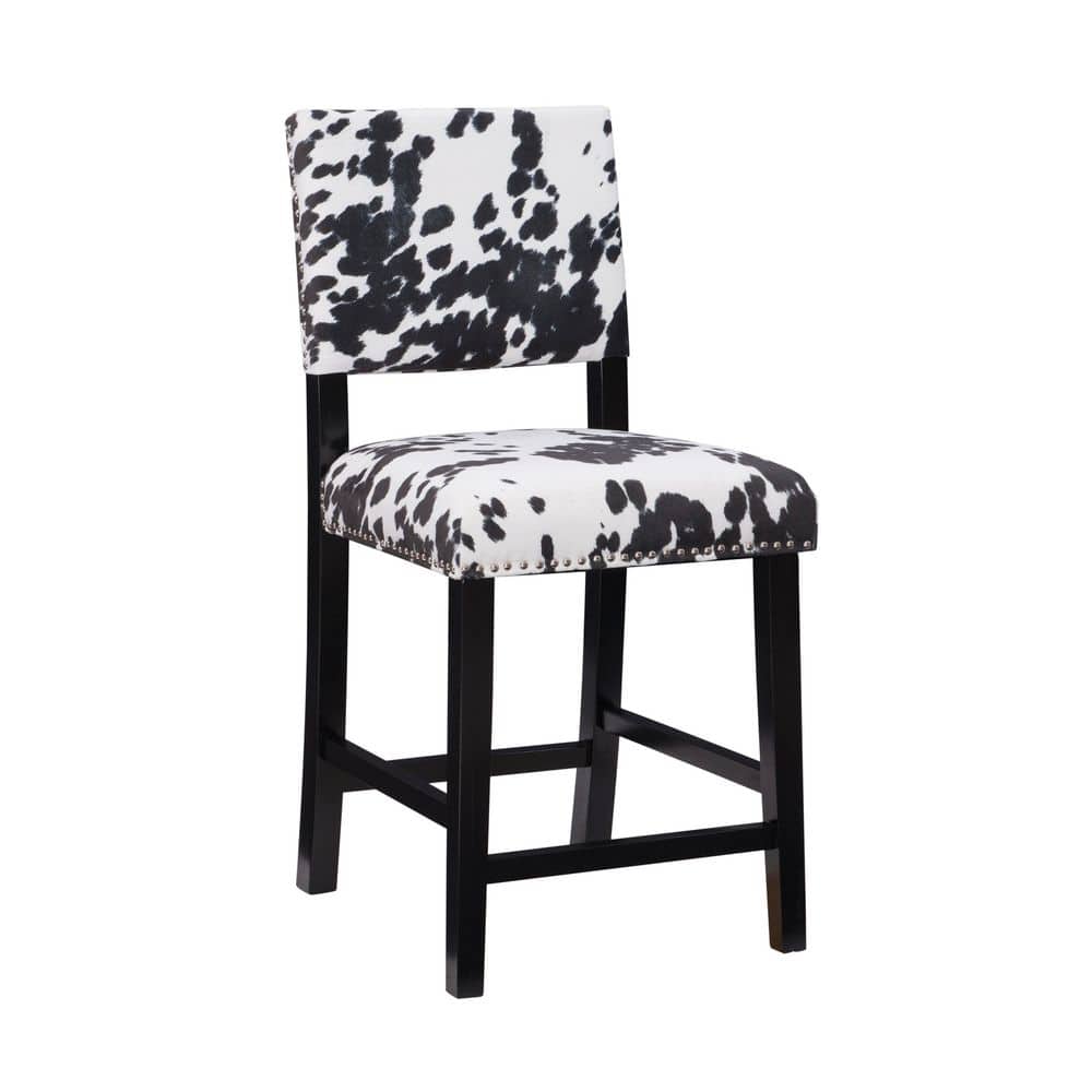 Carolyn 24 in. Black High Back Wood Counter Stool with Cow Print Polyester 