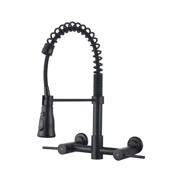 Double Handle Wall Mount Pull Down Sprayer Kitchen Faucet in Matte Black