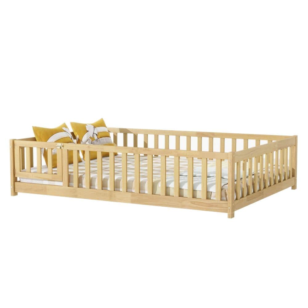 Natural Rubber Wood Twin Size Platform Bed with Safety Guardrails and Door durable construction