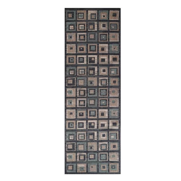 HomeRoots 8 ft. Color Block Beige and Teal Checkered Stain Resistant Runner Rug