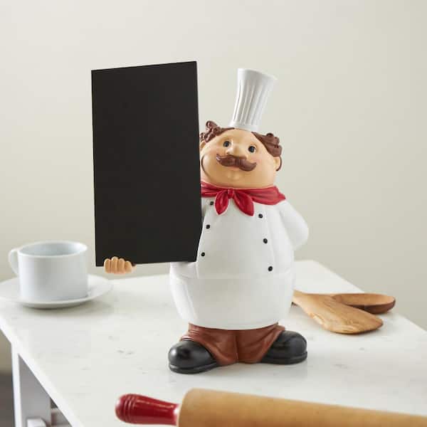Litton Lane White 9 in. x 13 in. Polystone Kitchen Decorative Figurine Chef Sculpture with Chalkboard