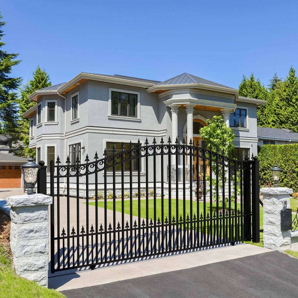 Prague Style Black Steel Arched Sliding Driveway Gate with Security Kit