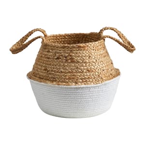14 in. White Boho Chic Handmade Cotton and Jute Woven Basket Planter
