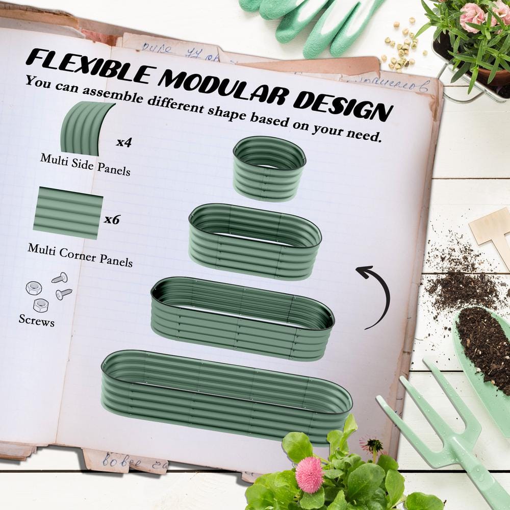 Green Galvanized Steel Oval Raised Garden Bed with Safety Edging