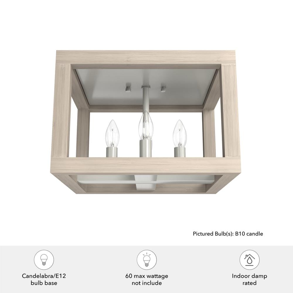 Brushed Nickel and Bleached Wood 4-Light Flush Mount Ceiling Fixture