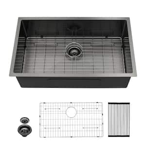 32 in. Undermount Single Bowl 16 Gauge Gunmetal Black Stainless Steel Workstation Kitchen Sink with Bottom Grid