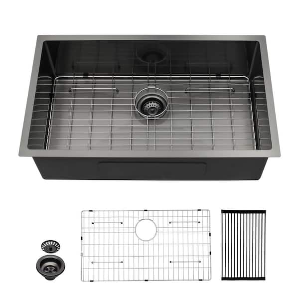 Sarlai 32 in. Undermount Single Bowl 16 Gauge Gunmetal Black Stainless Steel Workstation Kitchen Sink with Bottom Grid