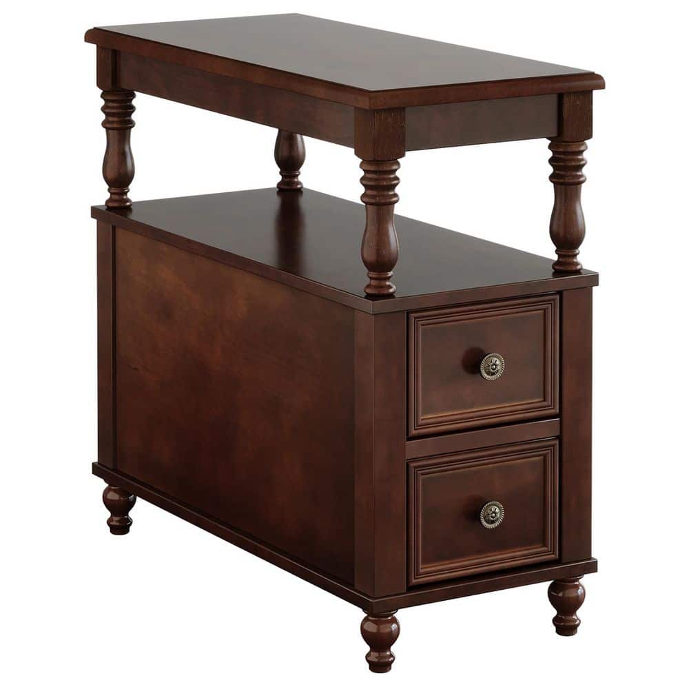 Kerlin 23.62 in. Brown Rectangle Solid Wood End Table Slim Side Table Nightstand with 2 Drawers & Storage Shelf