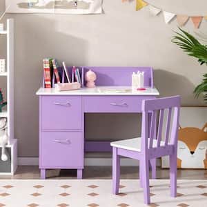 2-Piece Kids Wood Top Purple Study Desk and Chair Writing Table with Drawer Storage Cabinet
