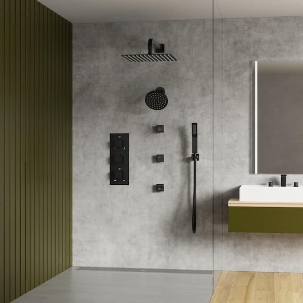 Thermostatic 8-Spray 12 and 6 in. Wall Mount Dual Shower Head with 6-Jets and Shower Drain in Matte Black