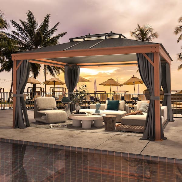 HOMMOW 12 ft. x 14 ft. Hardtop Gazebo with Wood Grain Aluminum Frame, Galvanized Steel Double Roof with Netting and Curtains