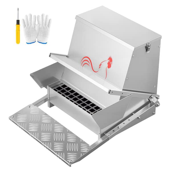 Automatic Chicken Feeder, 16.7 x 18.5-21.1 x 15.9 in. Treadle with Lid, Galvanized Steel, 40 lbs. Capacity Greenhouse