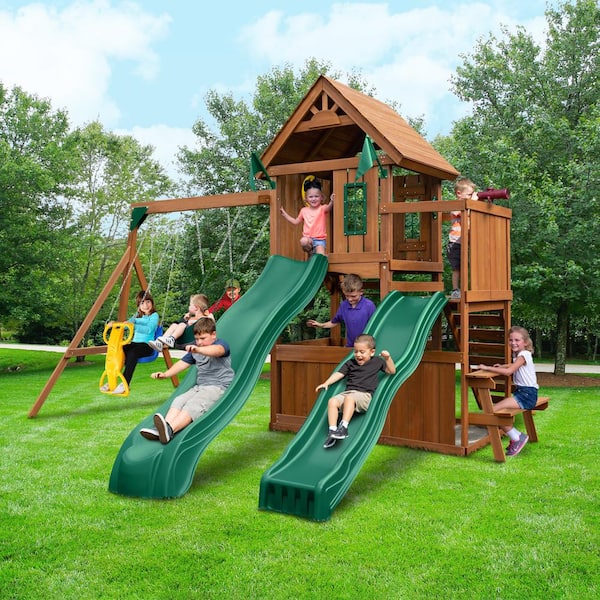 Swing-N-Slide Playsets KnightsBridge Deluxe Complete Wooden Outdoor Playset with Slides, Swings and Backyard Swing Set Accessories