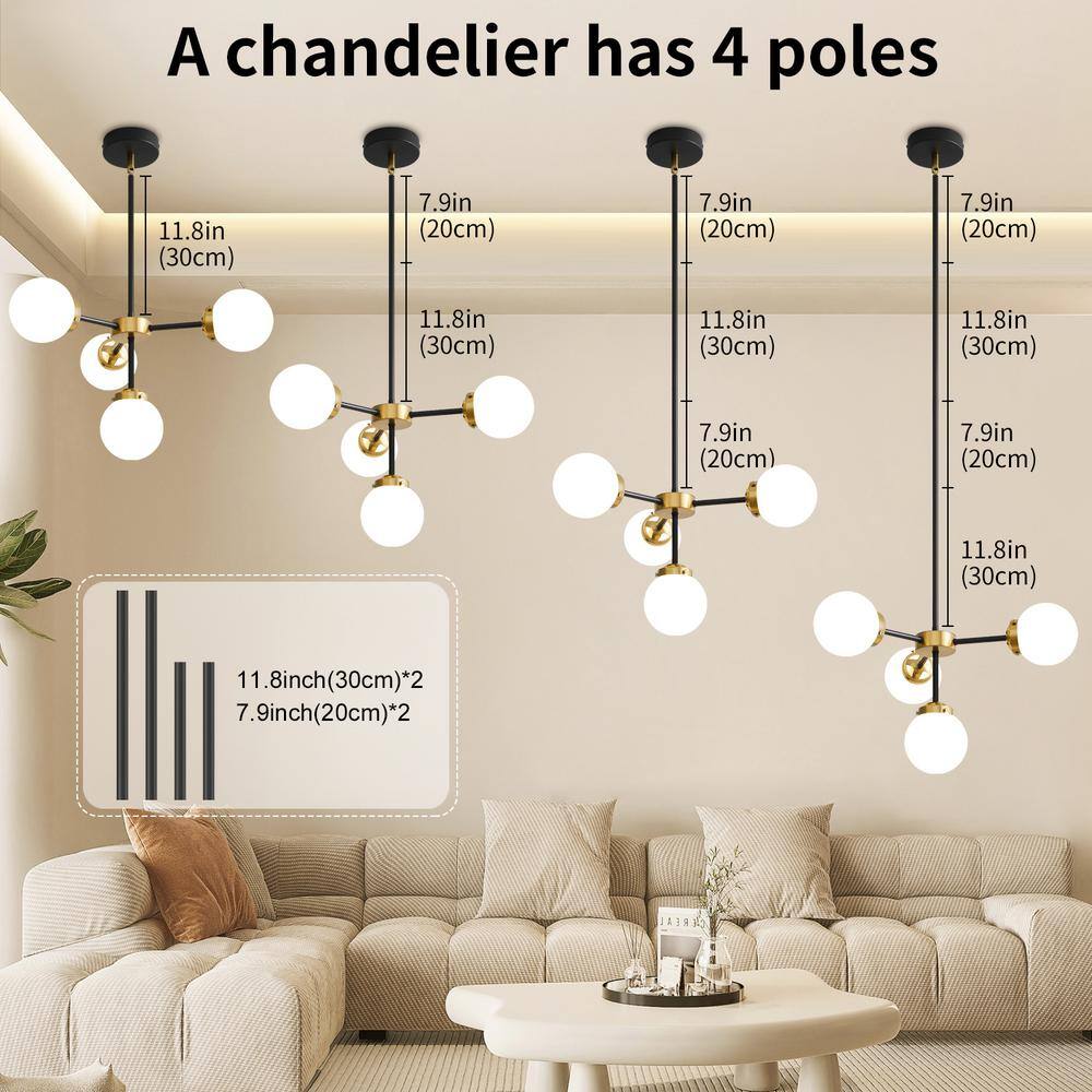 Black and Gold 4-Light Sputnik Chandelier with Milk Glass Shades