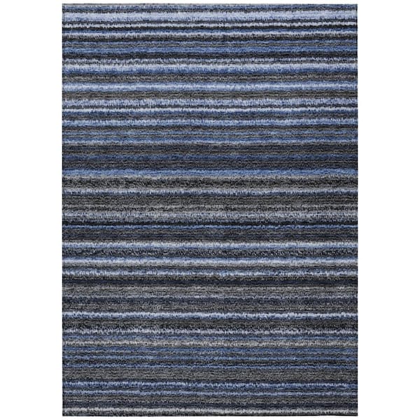Denim Blue, Gray 8 ft. x 10 ft. Woven Striped Polyester Rectangle Indoor / Outdoor Area Rug