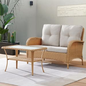 Carlos Natural 2-Piece Wicker Patio Conversation Set with Off White Cushions