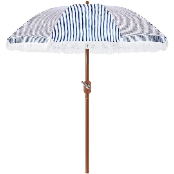 Yaheetech 9 ft. Patio Umbrella with Tassels 8-Rib Solar Parasol with Crank Operating Mechanism for Garden, Backyard, Blue/White