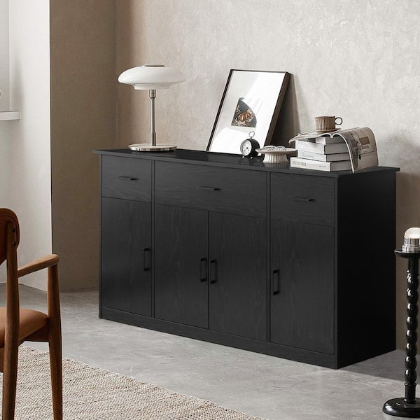 VEIKOUS 56 in. Black Accent Buffet Cabinet with Storage, Particle Board Top Kitchen Cabinet with 4-Doors and 3-Drawers