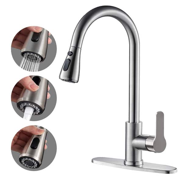 Heemli Pause Mode Single Handle Pull Down Sprayer Kitchen Faucet with Deck Plate Included in Brushed Nickel