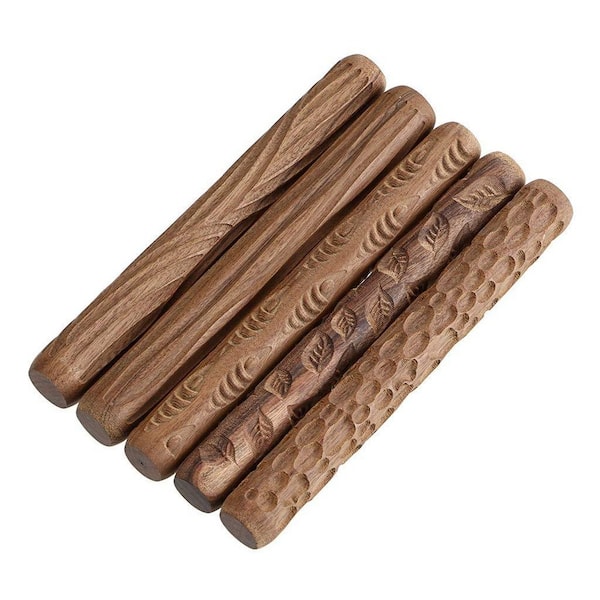 Pattern Series 5-Piece Wood Clay Roller Set Natural Finish Textured Hand Roller with Fish Leaves Cobblestone Ripple