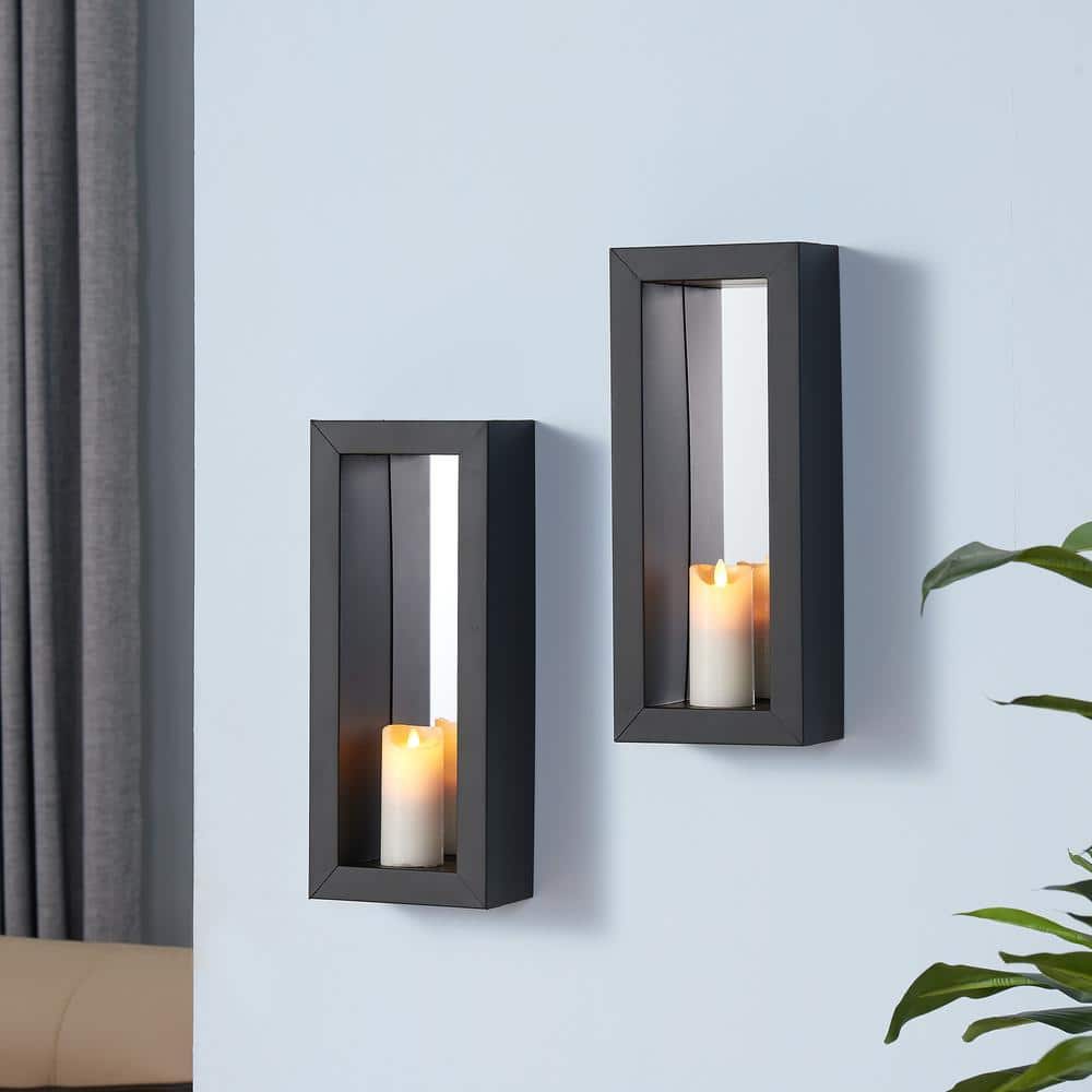 Danya B Metal Pillar Candle Sconces with Glass Inserts - A Wrought Iron  Rectangle Wall Accent (Set of 2), Black