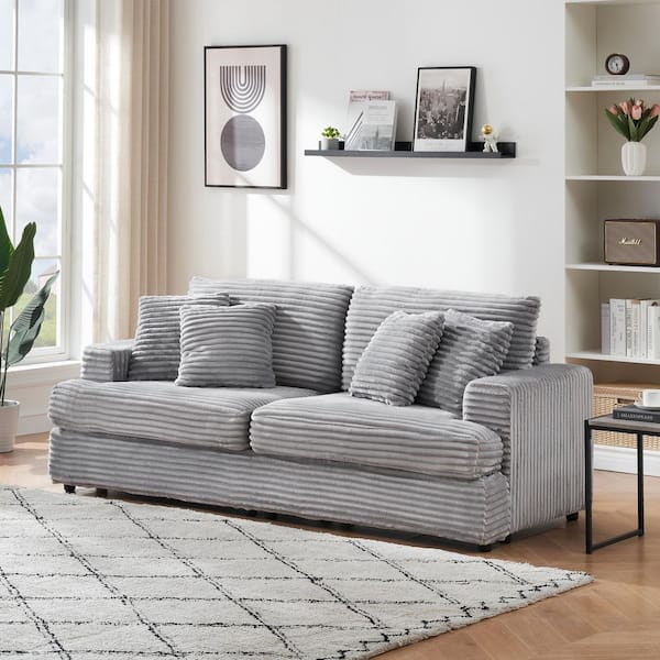 Deborah 88.58 in. Corduroy Upholstered Sectional Sofa in Gray with 4-Throw Pillows