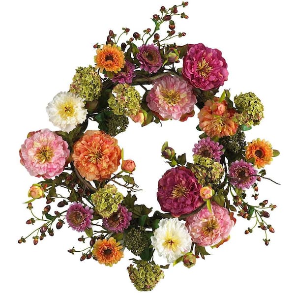 Nearly Natural 24 in. Artificial Peony Silk Plant Wreath