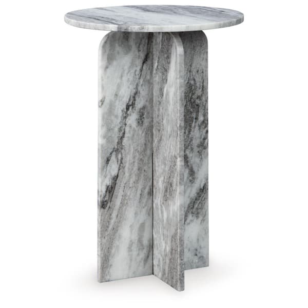 Signature Design By Ashley Keithwell 15 in. Gray/White Round Marble End Table with Pedestal Base