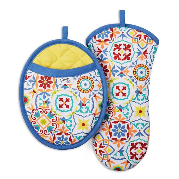 Fiesta Worn Tiles Cotton Multicolor Oven Mitt and Pot Holder Set (2-Pack)