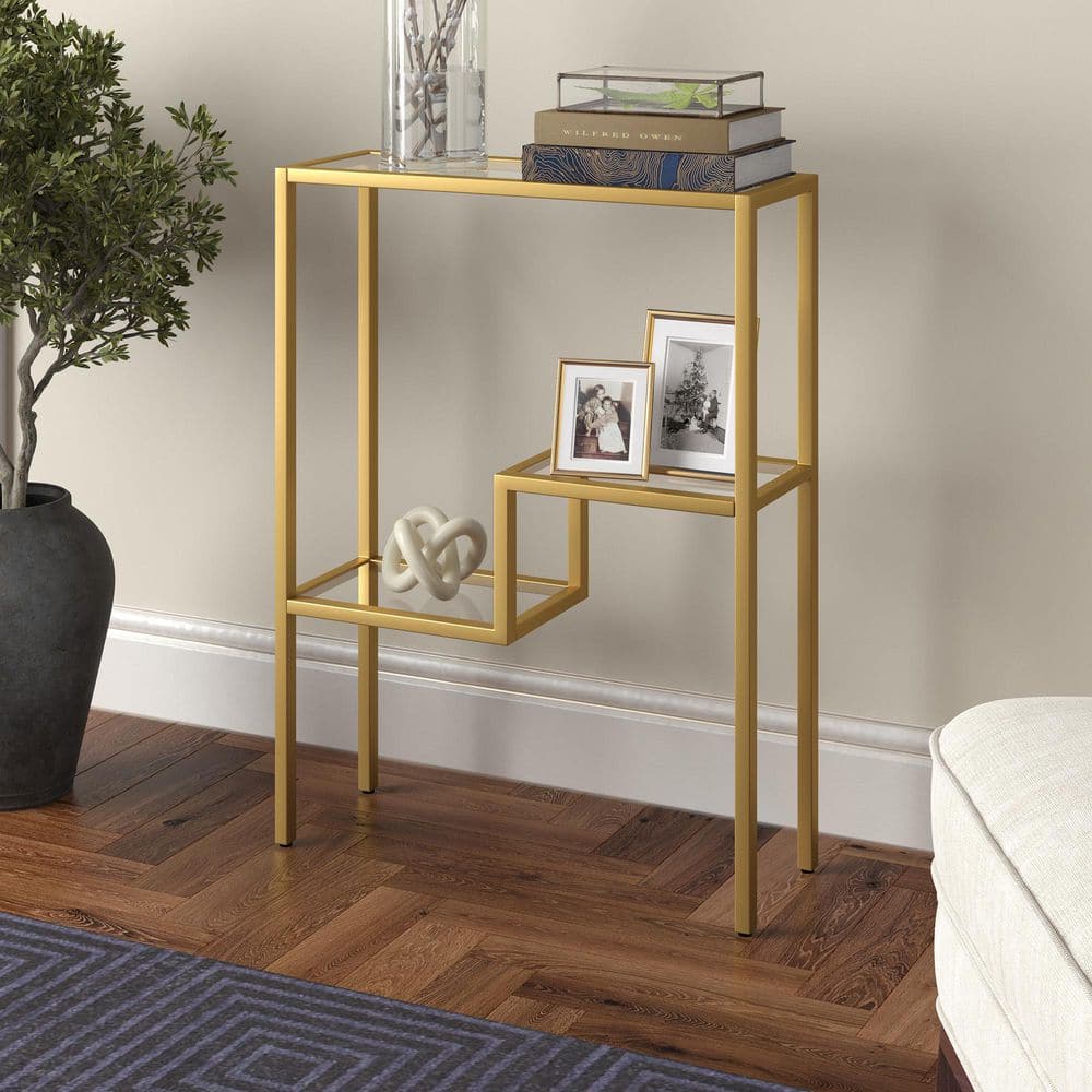 Lovett Brass Console Table with Tempered Glass Top and Shelf