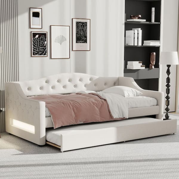 Beige Twin XL Size Daybed with LED Belt and Trundle