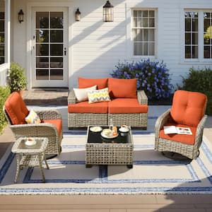 Aimee 6-Piece Wicker Patio Conversation Seating Sofa Set with Orange Red Cushions and Swivel Rocking Chairs