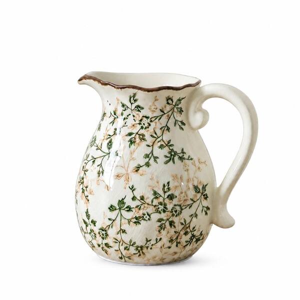 7.9 in. Green White Vintage Ceramic Pitcher Vase Chinoiserie Floral Farmhouse Tuscan Bookshelf Decor