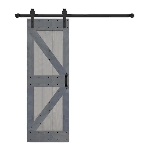 ISLIFE K Series 28 in. x 84 in. French Gray/Dark Gray Finished Solid Wood Sliding Barn Door With Hardware Kit - Assembly Needed