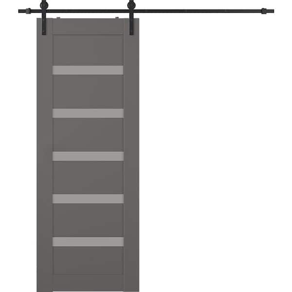 Leora 32 in. x 96 in. 7-Lite Frosted Glass Gray Matte Wood Composite Sliding Barn Door with Hardware Kit