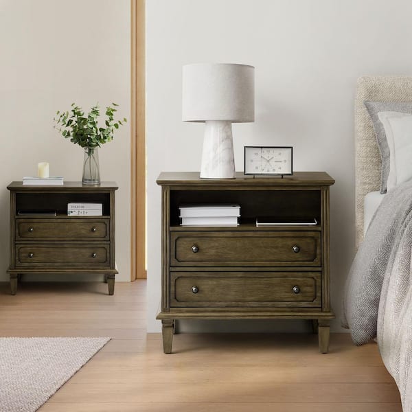 JAYDEN CREATION Juiien Mid-Century Solid Wood 2 - Drawer Storage Nightstand with USB Port Set of 2-Kona