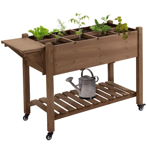 Unbranded Raised Garden Bed with 8 Grow Grids Brown Wooden Outdoor Plant Box Stand with Folding Side Table and Wheels.