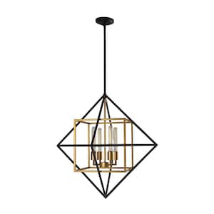 Pryor 26.97 in. W x 26.98 in. H 4-Light Antique Gold/Black Geometric Pendant Light with Open Metal Frame