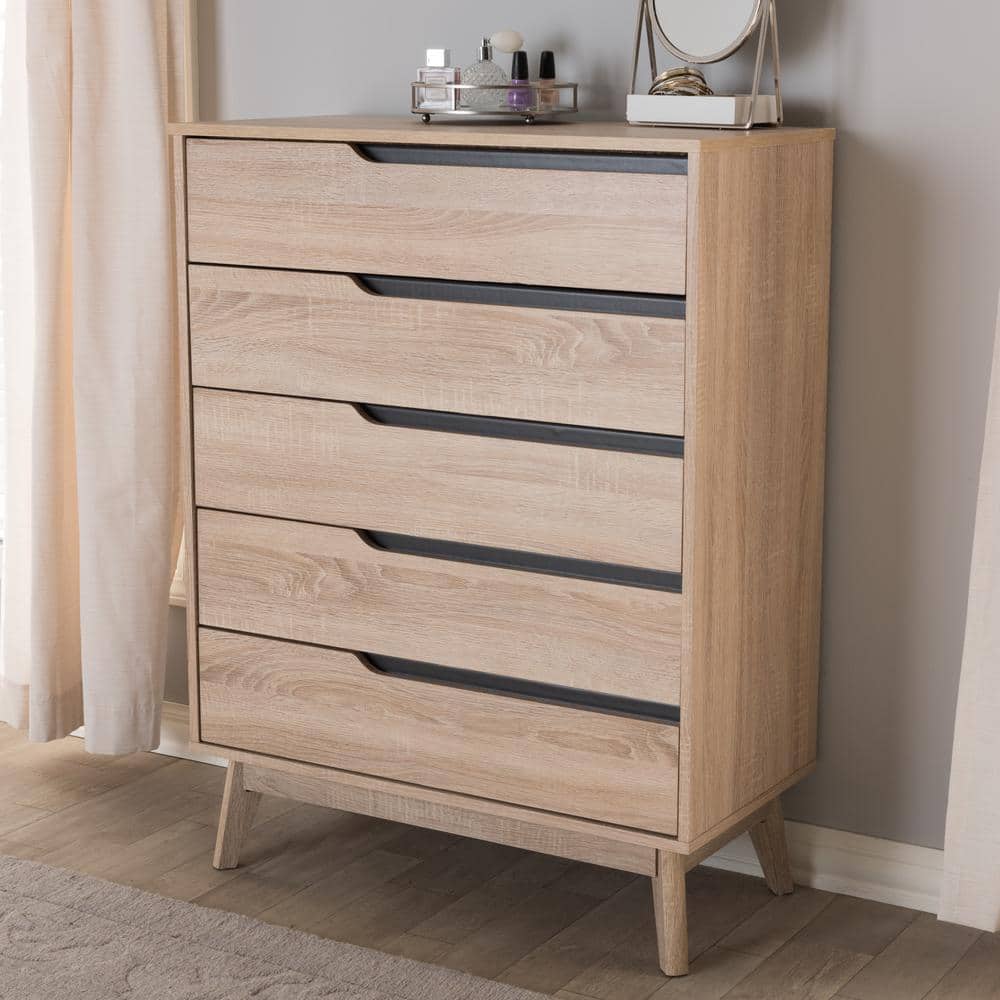 Fella Mid-Century Oak and Gray 5-Drawer Vertical Chest